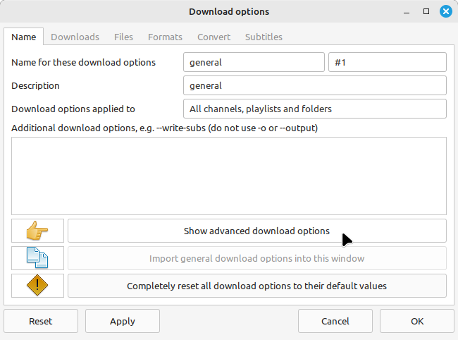 Showing advanced download options