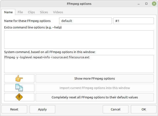 The FFmpeg options window