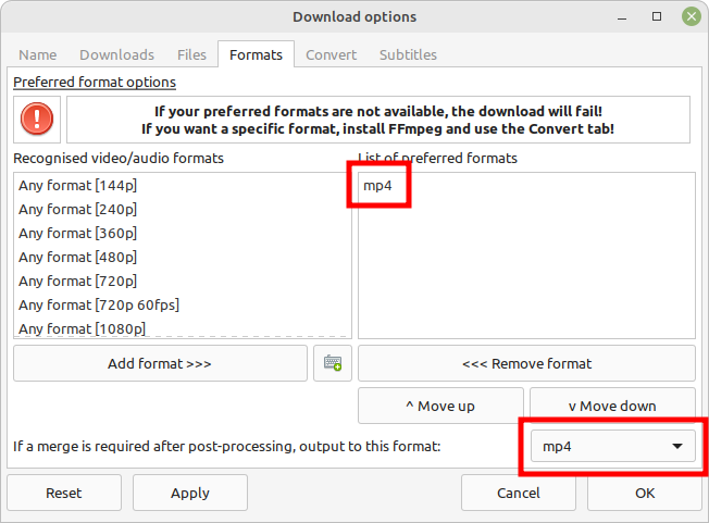 The Download options window